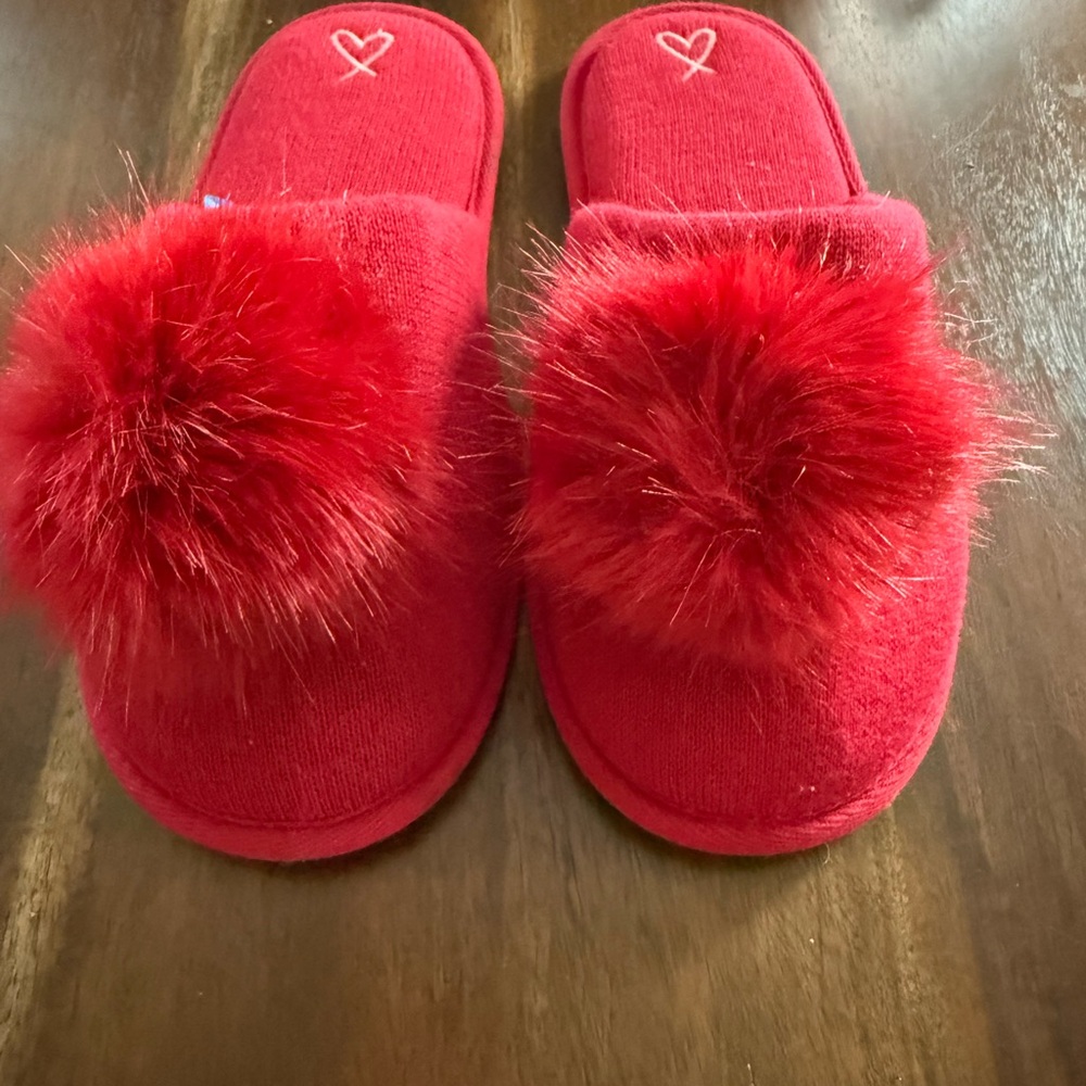 Victoria's Secret Red Slippers with Fluffy Pom Poms